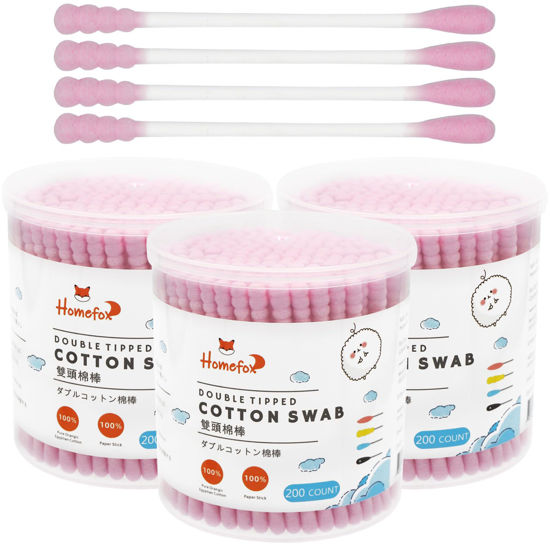 Picture of HOMEFOX Pink Cotton Swabs Spiral - 600 Count Organic Cotton Buds Double Side Tightly Wrapped Cotton Tips Paper Stick Soft Gentle Lint-Free Cruelty-Free, Round & Spiral (Pink)