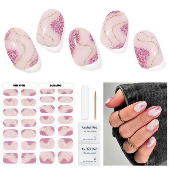 Picture of DUKASOU Semi Cured Gel Nail Strips, 28 pcs Gel Nail Strips Work with Any UV Lamp, Long Lasting Gel Nail Stickers Full Nail Wraps, Salon Quality, Easy to Apply(Bling)