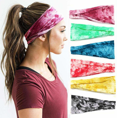 Picture of Huachi Women's Headbands for Yoga, Workout, Exercise - 6Pcs Elastic Hair Bands for Women's Hair - Tie Dye Bandeau Headband Sweatbands - Comfy Material - Upgraded Design - One Size - Black
