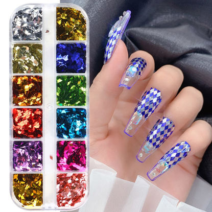 Picture of 3D Sparkly Glitter Nail Art Sequins, Holographic Rhombus Shape Glitters Nail Flakes, 12 Colors Rhombus Nail Art Glitter Design for Women Resin Nail Art Tips, DIY Shiny Fingernail Crafts Decorations