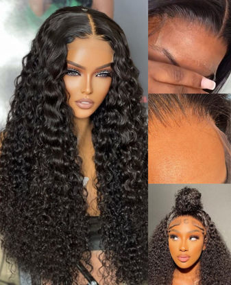 Picture of BEEOS 5x5 SKINLIKE Real HD Lace Closure Wigs, Curly 180% Density 0.10mm Ultra-thin HD Lace Pre-Plucked Hairline with Baby Hair Bleachd Knot Brazilian Human Hair Wig 24 Inch