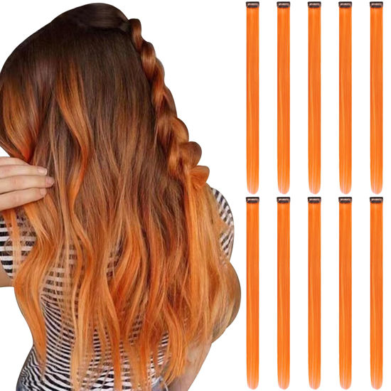Picture of RINBOOOL Orange Hair Extensions Clip in for Kids Girls, 10 Pieces 22 Inch, Colored Heat Resistant Synthetic Hairpiece, Long Straight Streak Extension Clips Ins