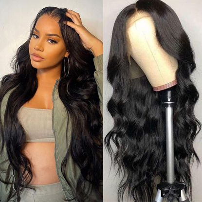 Picture of FASCARA 34inch 180% Density Body Wave Lace Front Wigs Human Hair 13x4 Transparent Lace Frontal Wigs for Black Women Glueless Wig Human Hair Pre Plucked Natural Color