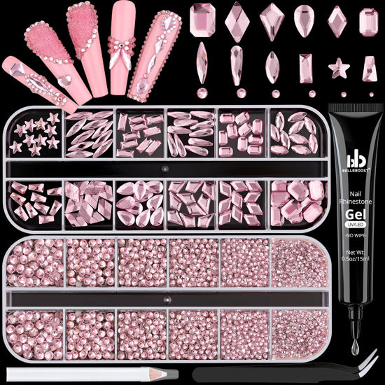 Picture of 3220Pcs Pink Glass Nail Rhinestones 120Pcs Multi Shapes Flatback Gems Crystal + 3100Pcs 1.5-4mm Round Beads with Rhinestones Glue Gel, Manicure Diomand Jewelry Gemstones for Nail Design Makeup