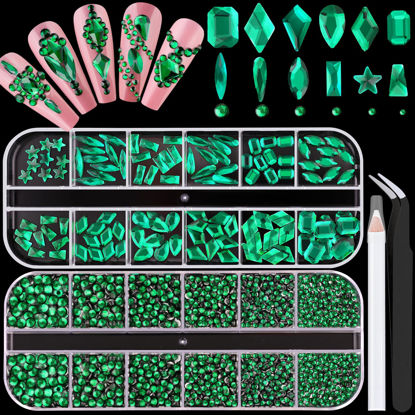 Picture of 3220Pcs Emerald Green Glass Nail Rhinestones 120Pcs Multi Shapes Flatback Gems Crystal + 3100Pcs 1.5-4mm Round Beads, Manicure Diomand Jewelry Gemstone for Nail Design Makeup Acrylic Nails Decoration