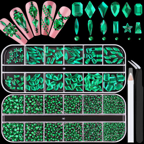 Picture of 3220Pcs Emerald Green Glass Nail Rhinestones 120Pcs Multi Shapes Flatback Gems Crystal + 3100Pcs 1.5-4mm Round Beads, Manicure Diomand Jewelry Gemstone for Nail Design Makeup Acrylic Nails Decoration