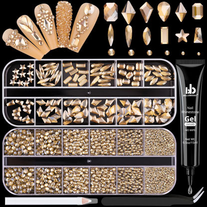 Picture of 3220Pcs Champagne Gold Glass Nail Rhinestones 120Pcs Multi Shapes Flatback Gems Crystal+3100Pcs 1.5-4mm Round Beads with Rhinestones Glue Gel, Manicure Diomand Jewelry Gemstone for Nail Design Makeup