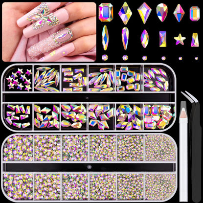 Picture of 3220Pcs AB Glass Nail Rhinestones 120Pcs Multi Shapes Flatback Gems Crystal + 3100Pcs 1.5-4mm Round Beads, Manicure Diomand Jewelry Gemstones for Nail Design Makeup Acrylic Nails Decoration