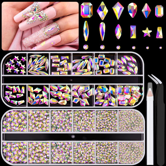 Picture of 3220Pcs AB Glass Nail Rhinestones 120Pcs Multi Shapes Flatback Gems Crystal + 3100Pcs 1.5-4mm Round Beads, Manicure Diomand Jewelry Gemstones for Nail Design Makeup Acrylic Nails Decoration