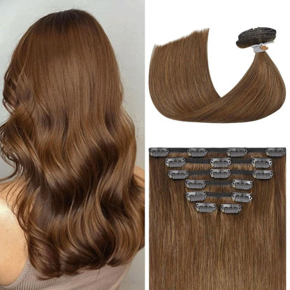 Picture of Aison Light Brown Clip in Hair Extensions Real Human Hair 70G 100% Remy Human Hair Clip in Extensions for Women 7pcs 16clips (12 Inch #6) Light Brown Hair Extensions Chestnut Brown Hair Extensions