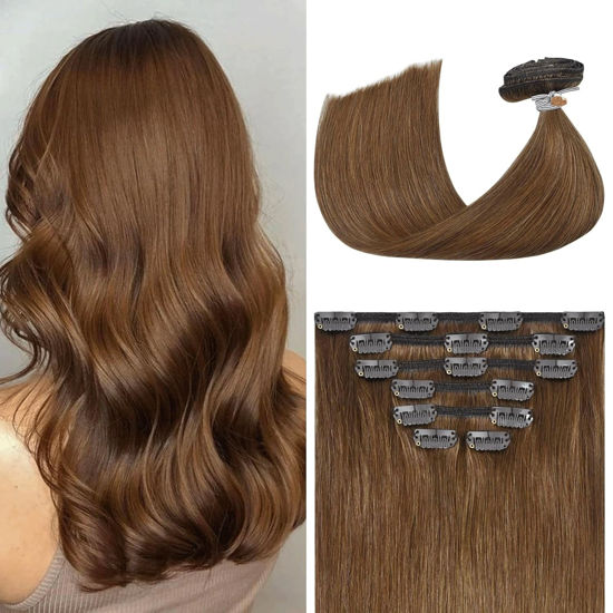 Picture of Aison Light Brown Clip in Hair Extensions Real Human Hair 70G 100% Remy Human Hair Clip in Extensions for Women 7pcs 16clips (12 Inch #6) Light Brown Hair Extensions Chestnut Brown Hair Extensions