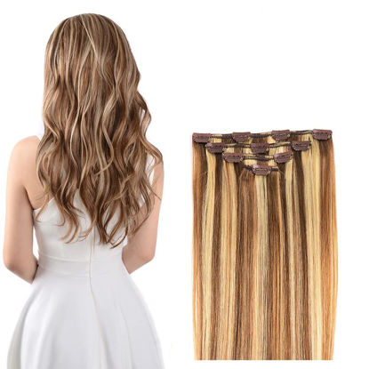 Picture of 16" Clip in Hair Extensions Remy Human Hair for Women - Silky Straight Real Human Hair hightlight Clip on 55grams 4pieces #6/613 Color
