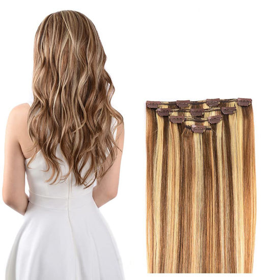 Picture of 16" Clip in Hair Extensions Remy Human Hair for Women - Silky Straight Real Human Hair hightlight Clip on 55grams 4pieces #6/613 Color