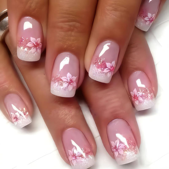 Picture of Cute Flower Press on Nails Medium Pink Fake Nails - LPOODDNU White French Tip Press on Nails Square Shape False Nails Floral Acrylic Nails Glossy Pink Stick on Nails Short Artificial Nails for Women