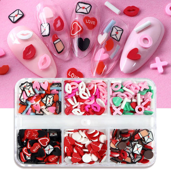 Picture of 6 Grids Valentine's Day Nail Art Slices Love Heart Red Lips Designs Valentines Nail Charms 3D Colorful Clay Slices Mini Slices for DIY Crafts,Nail Art and Cellphone Decorations Accessories