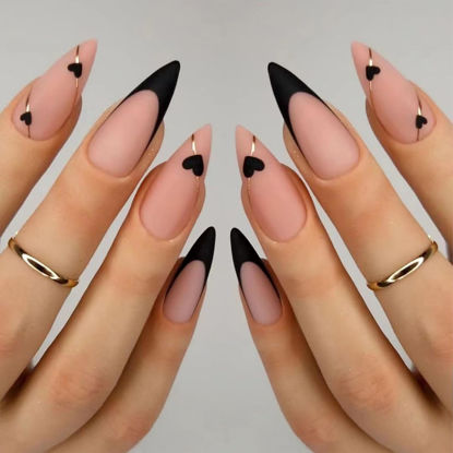 Picture of Valentine's Day Press on Nails Medium Almonds Fake Nails with Hearts Gold Lines Design Pink False Nails Black French Tip Nails Press ons Matte Glue on Nails Valentines Stick on Nails for Women 24 Pcs