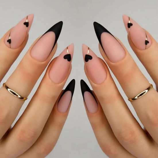 Picture of Valentine's Day Press on Nails Medium Almonds Fake Nails with Hearts Gold Lines Design Pink False Nails Black French Tip Nails Press ons Matte Glue on Nails Valentines Stick on Nails for Women 24 Pcs