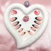 Picture of Valentine's Day Press on Nails Medium Almonds Fake Nails with Hearts Gold Lines Design Pink False Nails Black French Tip Nails Press ons Matte Glue on Nails Valentines Stick on Nails for Women 24 Pcs