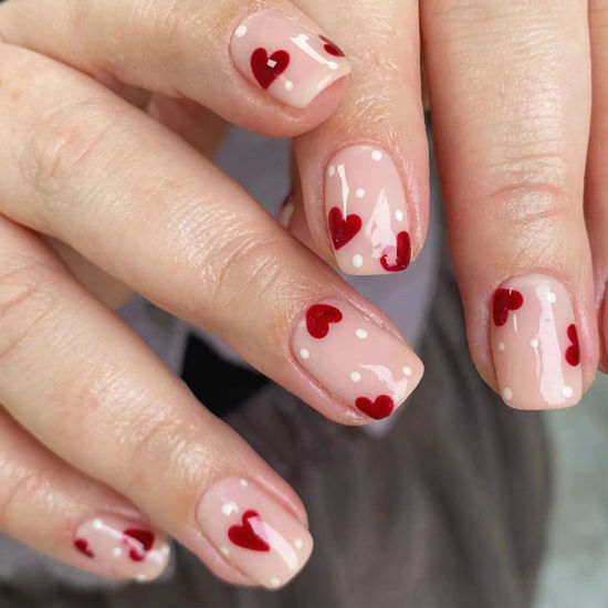 Picture of Valentine's Day Press on Nails Short Square Fake Nails with Heart Designs Valentines Short Acrylic Nails Press ons Light Pink Stick on Nails Full Cover Glue on Nails for Women 24 Pcs