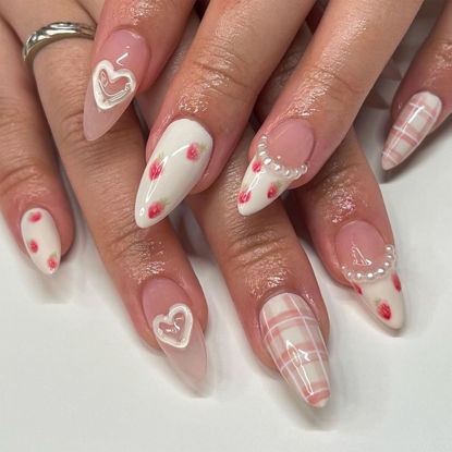Picture of Valentine's Day Press on Nails Almond Medium Cute Heart Strawberry Pearls Fake Nails Full Cover Glue on Nails Press ons White French Tip False Nails Acrylic Glossy Stick on Nails for Women 24 Pcs