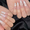 Picture of Valentine's Day Press on Nails Almond Medium Fake Nails Nude Pink Ombre Glue on Nails White Heart False Nails with Pearl Bow Bear Designs Glossy Acrylic Full Cover Stick on Nails for Women 24 Pcs