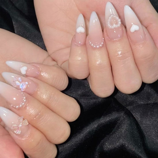 Picture of Valentine's Day Press on Nails Almond Medium Fake Nails Nude Pink Ombre Glue on Nails White Heart False Nails with Pearl Bow Bear Designs Glossy Acrylic Full Cover Stick on Nails for Women 24 Pcs