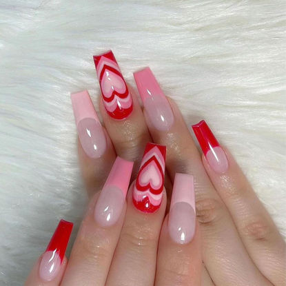 Picture of Valentine's Day Press on Nails Medium Coffin Fake Nails Pink French Tip Acrylic Nails Press ons Heart Design Glue on Nails Swirl False Nails Glossy Valentines Stick on Nails for Women 24 Pcs