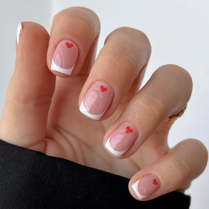 Picture of Valentine's Day Press on Nails Short Square Fake Nails Pink Acrylic Nails Press ons Heart False Nails Glossy White French Tip Full Cover Glue on Nails Cute Valentines Stick on Nails for Women 24 Pcs