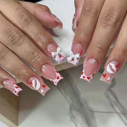 Picture of Valentine's Day Press on Nails Medium Square Fake Nails with Lip Bow Designs Glue on Nails Pink French Tip False Nails Press ons Cute French Heart Stick on Nails for Women 24 Pcs