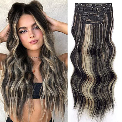 Picture of Vigorous Wavy Hair Extension for Women 4Pcs Black Mix Blonde Long Clip in Hair Extensions Soft Synthetic Hairpieces (24 inches, Black Mix Blonde)