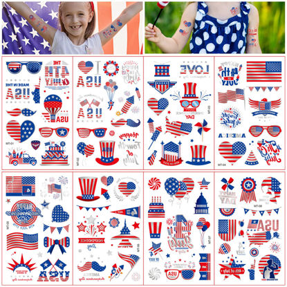 Picture of 4th of July Temporary Tattoo Kids : 8 Sheets Tattoo Stickers Complete Independence Day Collection, these patriotic tattoos are perfect for Memorial Day and all your 4th of July decorations. (Silver highlights)
