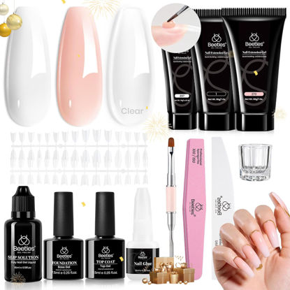 Picture of Beetles Poly Extension Gel Nail Kit 3 Colors Nude Clear White Poly Nail Gel with Nail Tips Slip Solution All-in-One Nail Builder Gel DIY French Nail Art Design Beginner Kit
