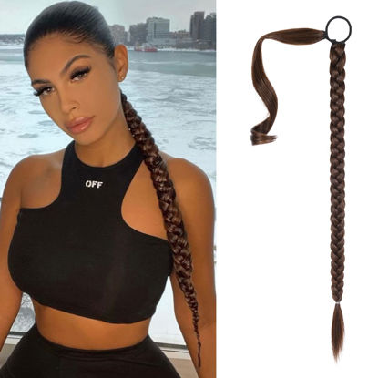 Picture of SEIKEA Upgraded Long Braid Ponytail Extension with Elastic Tie Straight Sleek Wrap Around Braid Hair Extensions Ponytail Dark Brown with Copper Highlights 20 Inch (After Braided 16 Inch) 110 Gram