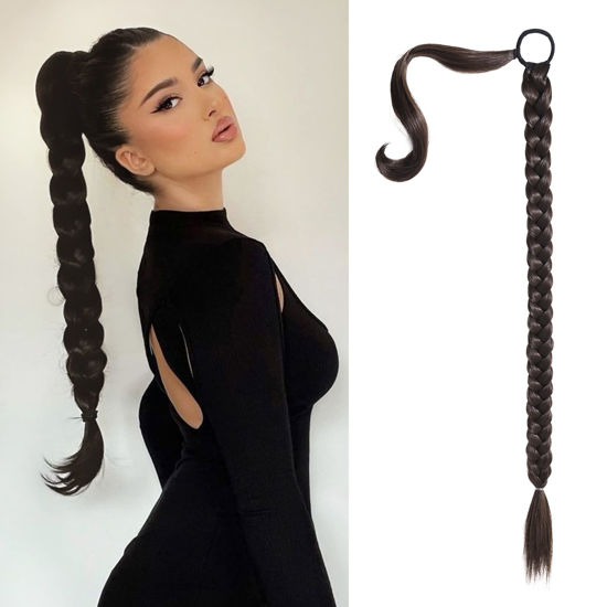 Picture of SEIKEA Upgraded Long Braid Ponytail Extension with Elastic Tie Straight Sleek Wrap Around Braid Hair Extensions Ponytail Natural Soft Synthetic Hairpiece Black Brown 26 Inch (After Braided 23 Inch)