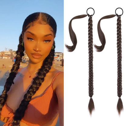 Picture of SEIKEA 2PCS Long Braid Ponytail Extension with Hair Tie Long Straight Wrap Around Hair Extensions Ponytail Soft Synthetic Hair Dark Brown with Copper Highlights 30 Inch (After Braided 27 Inch)