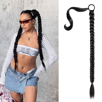 Picture of SEIKEA Upgraded Long Braid Ponytail Extension with Elastic Tie Straight Sleek Wrap Around Braid Hair Extensions Ponytail Natural Soft Synthetic Hairpiece Black 30 Inch (After Braided 27 Inch)