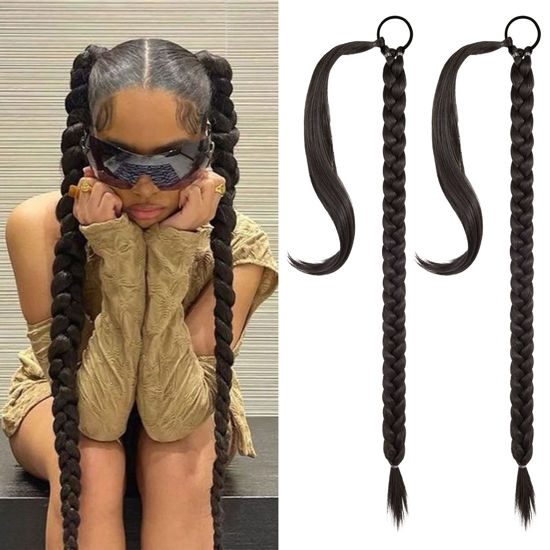 Picture of SEIKEA 2PCS Long Braid Ponytail Extension with Hair Tie Long Straight Wrap Around Hair Extensions Ponytail Natural Soft Synthetic Hair Piece Black Brown 26 Inch (After Braided 23 Inch)