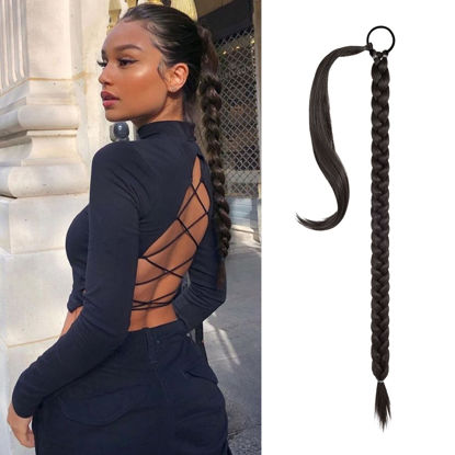 Picture of SEIKEA Long DIY Braided Ponytail Extension with Hair Tie Straight Wrap Around Hair Extensions Ponytail Natural Soft Synthetic Hair Piece Black Brown 20 Inch (After Braided 16 Inch)
