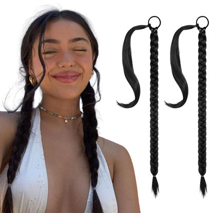 Picture of SEIKEA 2PCS Long Braid Ponytail Extension with Hair Tie Long Straight Wrap Around Hair Extensions Ponytail Natural Soft Synthetic Hair Piece Black 20 Inch (After Braided 16 Inch)