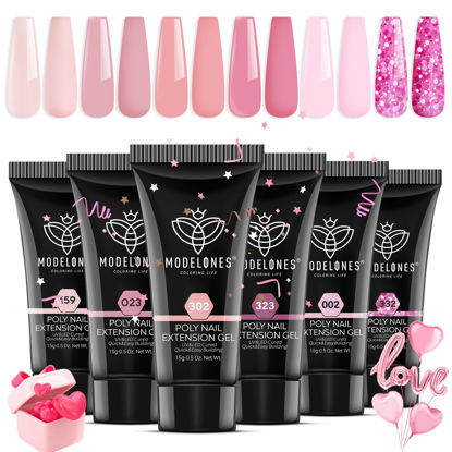 Picture of Modelones Poly Nail Gel Set, 6 Colors Pink Confetti Collection Nude Pink Glitter Colors Poly Extension Gel Enhancement Builder Nail Gel Pastel Summer Manicure DIY Home Salon Beauty Gift