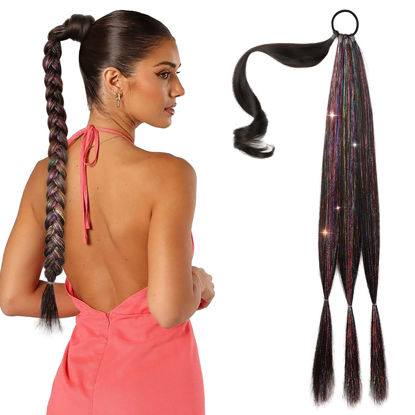 Picture of SEIKEA DIY Braid Ponytail Extension with Glitter Hair Tinsel, 26" Long Straight Braid Hair Extension with Hair Tie, Wrap Around Hair Extensions Ponytail Natural Soft Synthetic Hairpiece Black Brown