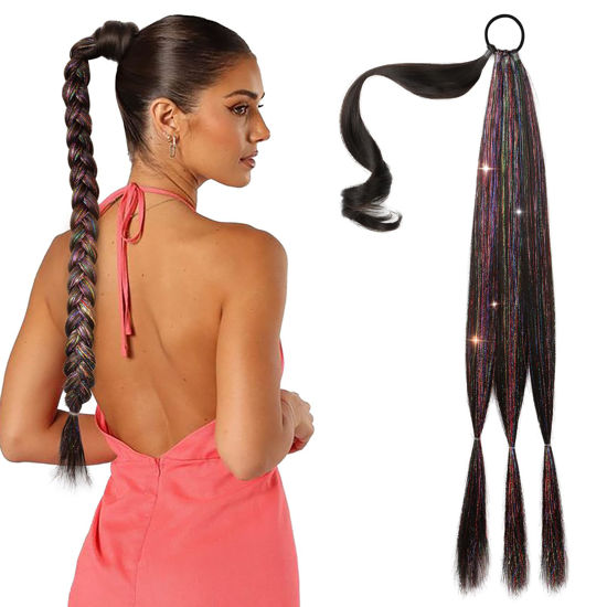 Picture of SEIKEA DIY Braid Ponytail Extension with Glitter Hair Tinsel, 26" Long Straight Braid Hair Extension with Hair Tie, Wrap Around Hair Extensions Ponytail Natural Soft Synthetic Hairpiece Black Brown
