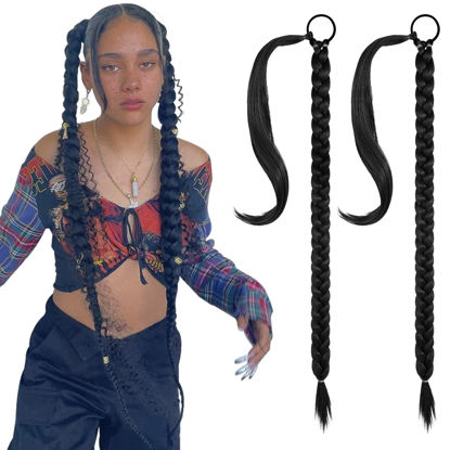 Picture of SEIKEA 2PCS Long Braid Ponytail Extension with Hair Tie Long Straight Wrap Around Hair Extensions Ponytail Natural Soft Synthetic Hair Piece Black 26 Inch (After Braided 23 Inch)