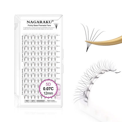 Picture of NAGARAKU Premade Fans Eyelash Extensions Premade Volume Fans Lash Extensions 120 Fans 5D 0.07C Curl 12mm Sharp Narrow Stem Clusters Thin Pointy Base Russian Fans Ready Volume Premade Lash Fan Fluffy