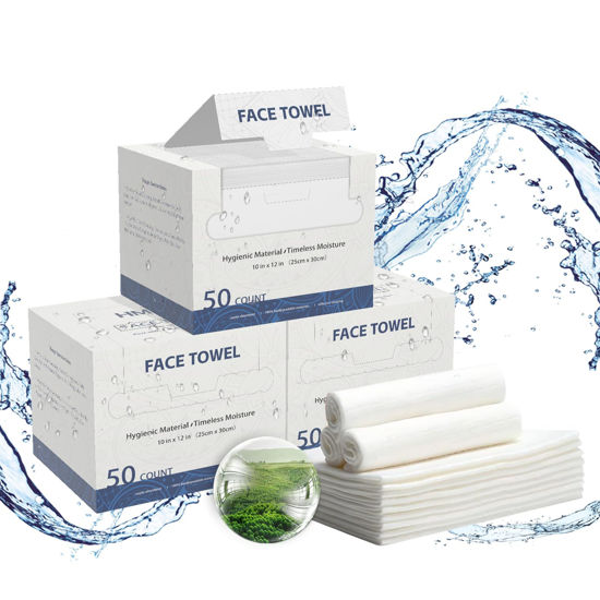 Picture of Face Towels, 10” x 12”, Thick Soft and Absorbent, Face Towelettes Disposable Biodegradable for Sensitive Skin, Makeup Remover, Travel, Cleansing, 150 Count（ 3 Pack ）