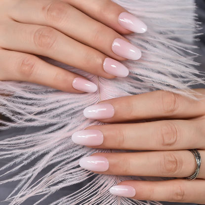 Picture of ELEVENAIL Press On Nails Glossy Milk White Pink False Nails Medium Length Oval Acrylic Solid Color Nail Art Tips Salon Women Girls DIY Manicure Reusable Stick On Fake Nails for Daily Office Home Party