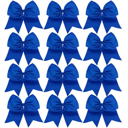 Picture of DEEKA 12PCS 8" Large Cheer Hair Bows Ponytail Holder Handmade for Teen Girls Softball Cheerleader Sports-Royal Blue