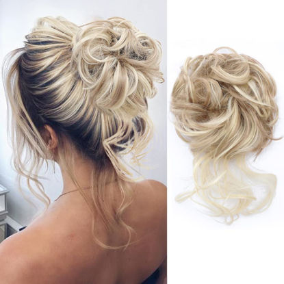 Picture of KETHBE Messy Bun Hair Piece Tousled Updo Hair Buns Extension Elastic Hair Band Hair Pieces Curly Hair Bun Scrunchie For Women (Highlights Blonde)