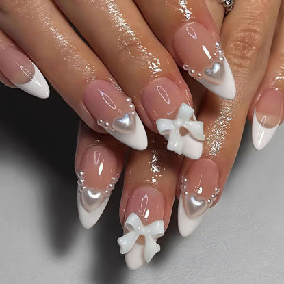 Picture of LPOODDNU Almond Press on Nails White French Tip Fake Nails Medium Length Acrylic Nails Press ons with Bow Charms Designs Cute White Pearls Glue on False Nails Reusable Stick on Nails 24pcs