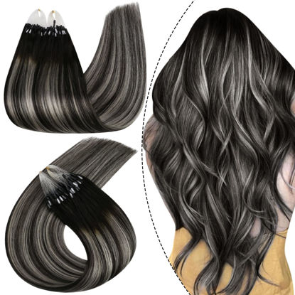 Picture of Ugeat 20 Inch Microlink Human Hair Extensions 50 Grams Off Black Balayage With Sliver Human Hair Extensions Micro Loop Hair Extensions Cold Fusion Extensions 50s